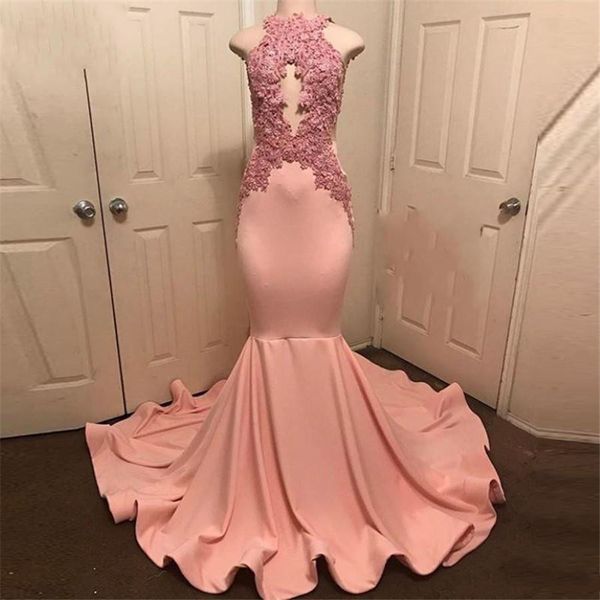

halter neck sleeveless robe de soiree party dress abiye peach-pink mermaid prom gowns lace appliques long prom dress formal dres, Black