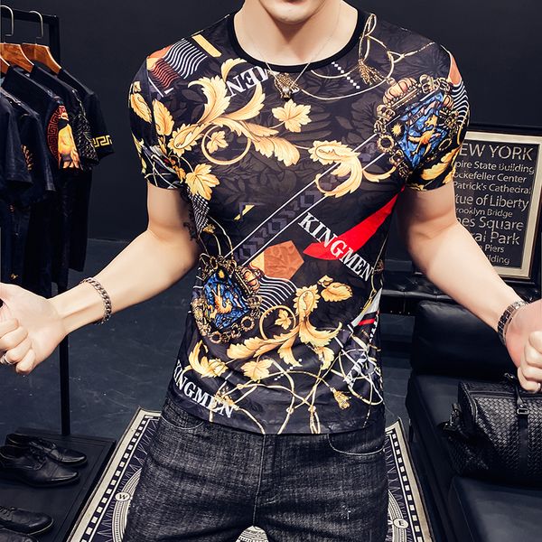 

gold luxury fantasy printed summer t-shirts of men transparent black fashion vintage streetwear men's club clothes bhbk, White;black