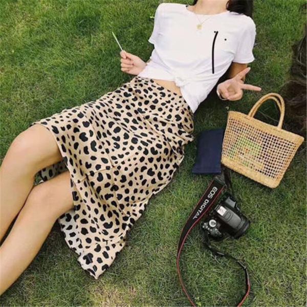 

skirts women vintage leopard print punk rock high waist skirt streetwear elastic ladies midi loose party vestidos, Black