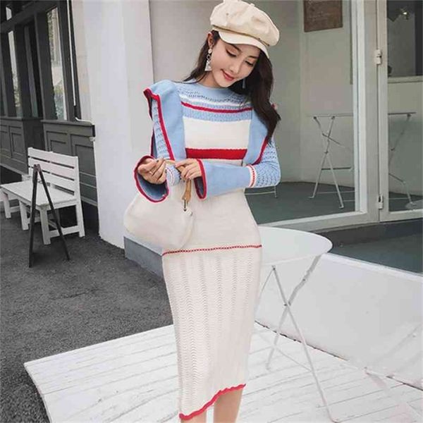 

winter flare sleeve striped colorful women knitted cloth ruffles hollow out knee-length bodycon sweater dress 210603, Black;gray