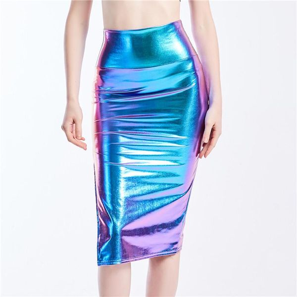 

skirts 2021 autumn chic women slim long holographic laser skirt high waist split midi office lady summer knee length, Black