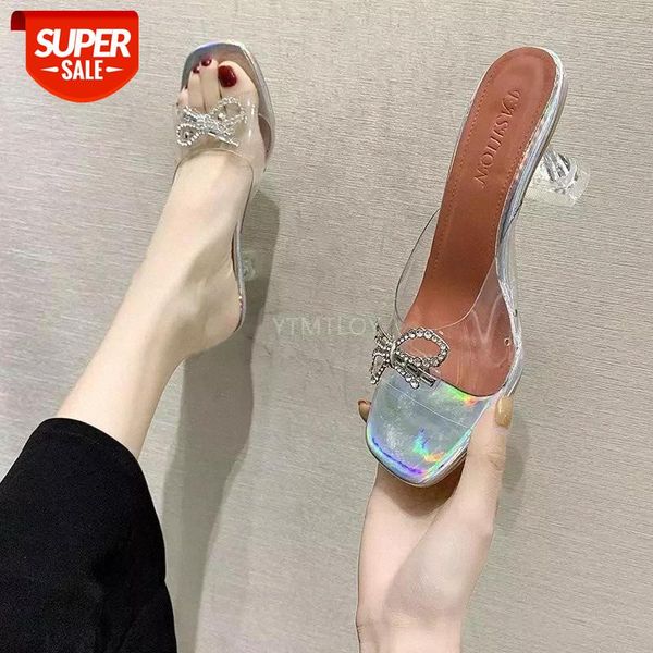 

new pvc transparent pumps fashion bowknot crystal high heel sandals party shoes zapatillas de casa beach slippers #4o3z, Black