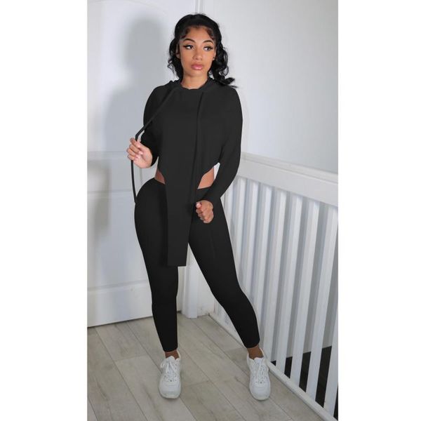 

women's two piece pants rmsfe 2021 women solid color long sleeved trousers hooded irregular fashion leisure sports elastic slim fit set, White