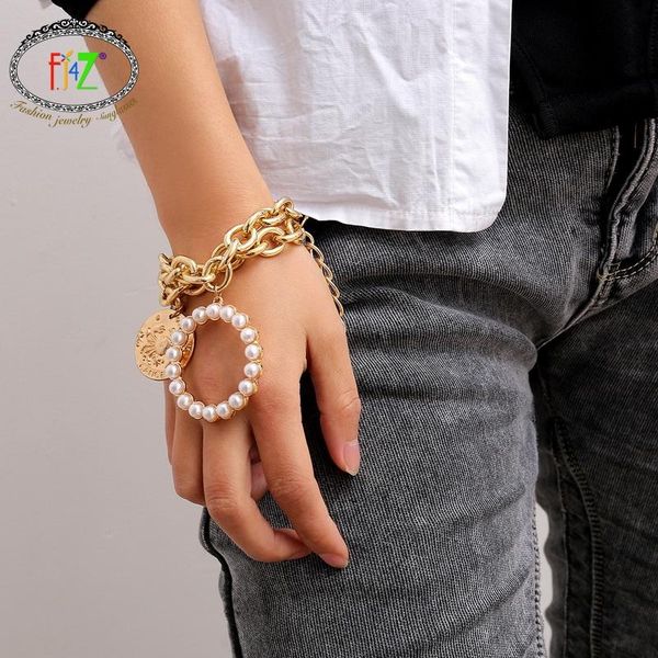 

charm bracelets f.j4z arrival fashion punk hiphop rock night club link chains coin imitation pearls coircle charms bracelet for women, Golden;silver