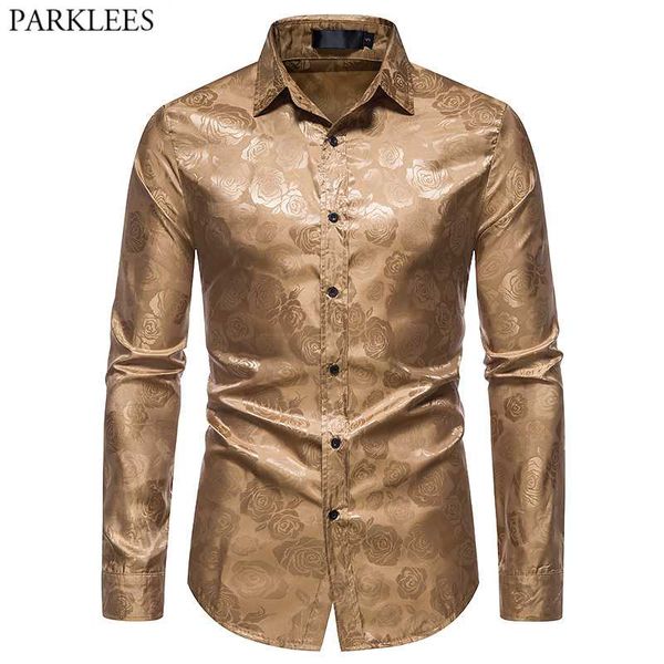 

men's casual shirts shiny gold rose print mens dress 2021 brand sim fit long sleeve shirt men party wedding prom chemise homme 2xl, White;black