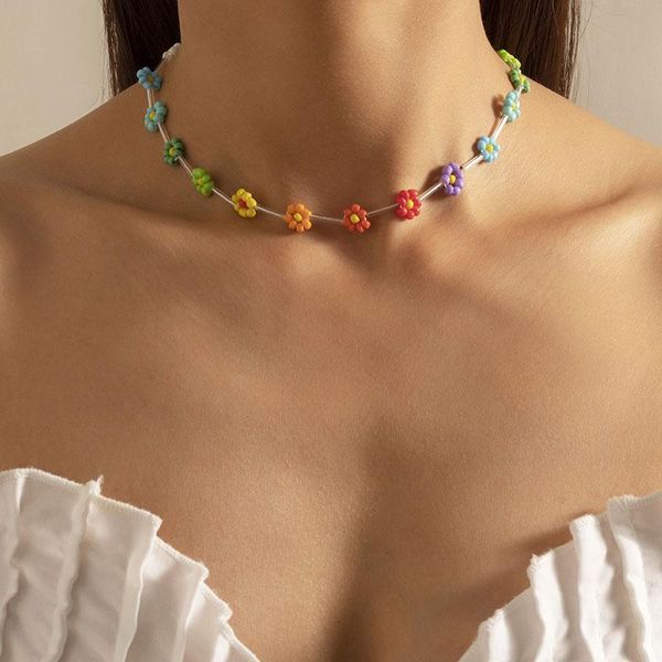 

chokers ethnic vintage colorful seed beads daisy flower choker necklace for women bohemian clavicle chocker colar jewelry gift, Golden;silver
