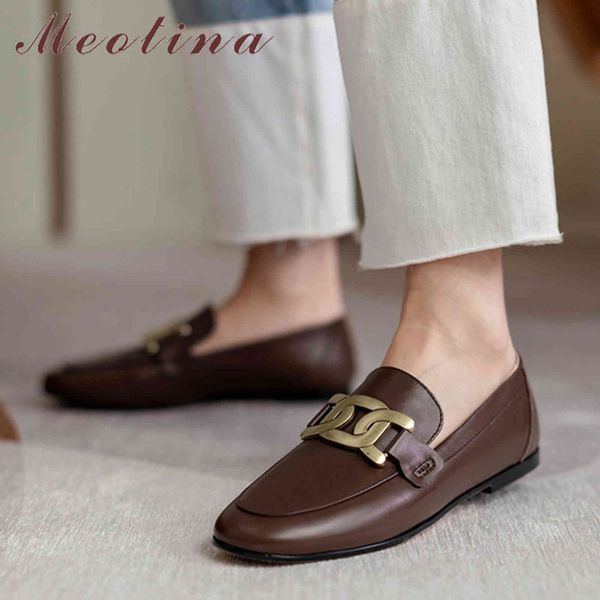 

dress shoes meotina loafers women natural genuine leather flats round toe metal decoration female footwear beige size 43 qyqm, Black