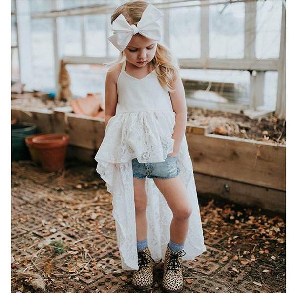 

clothing sets 2021 kids baby girls summer clothes children sleeveless white lace dress +denim shorts jeans casual outfits 1-6y