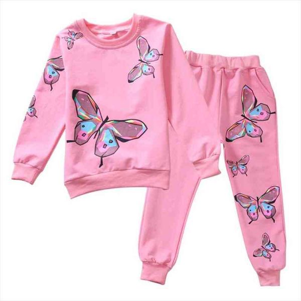 

girls clothing sets full spring cotton sweater t shirt pants baby kids clothes butterfly print suit for children 3-10 years, White