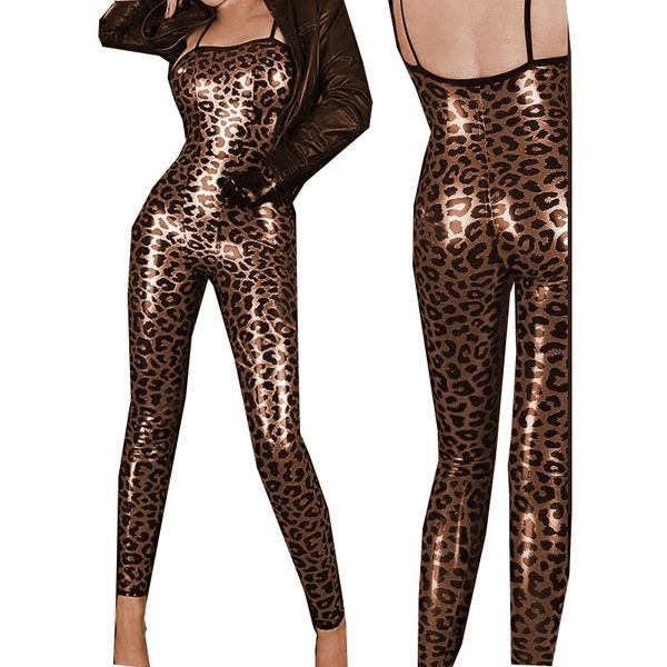 4 colori magro senza spalline leopardato tuta da donna con cinturino per spaghetti catsuit sexy pagliaccetto senza schienale night party cosplay clubwear 210317