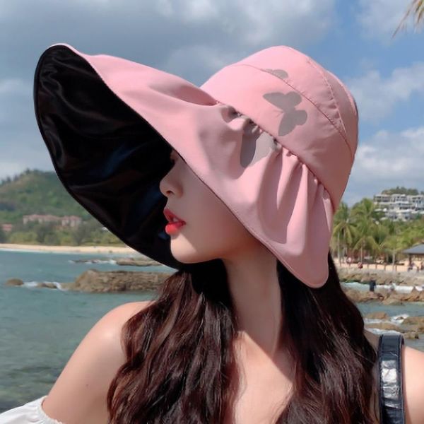 

wide brim hats sun hat summer women visor uv protection bow beach yellow ladies sunhat foldable cap, Blue;gray