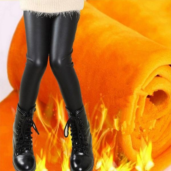 

fall winter girls leather pants kids leggings girl warm thick mid elastic skinny full pencil solid faux trousers, Blue
