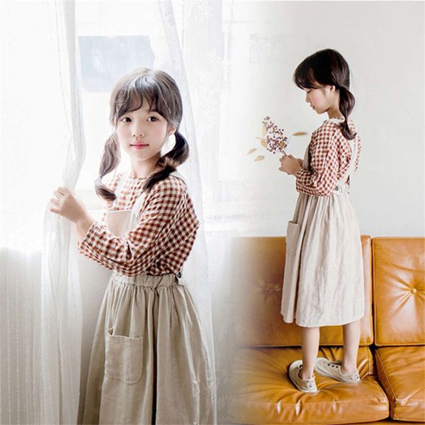 

new korean autumn children's long sleeve plaid shirt + suspender dress, White
