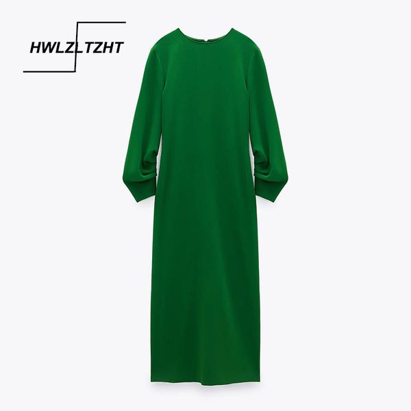 

casual dresses hwlzltzht women spring ruched green dress long puff sleeve vintage draped party woman chic back zip fitted midi vestidos, Black;gray