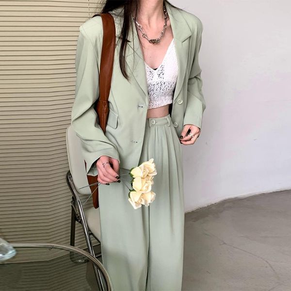 

women's two piece pants women single botton work blazer suits wide leg suit notched blazers jackets with trouser pieces set mint green, White