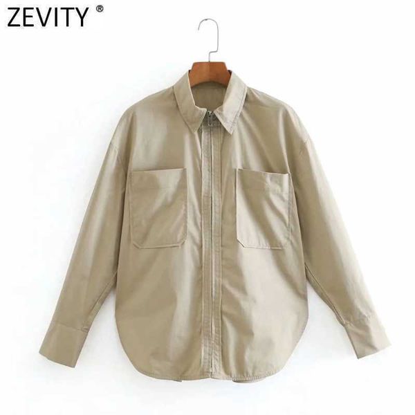 

zevity women safari style double pockets patch zipper smock blouse office lady retro elastic shirts chic blusas ls7533 210603, White