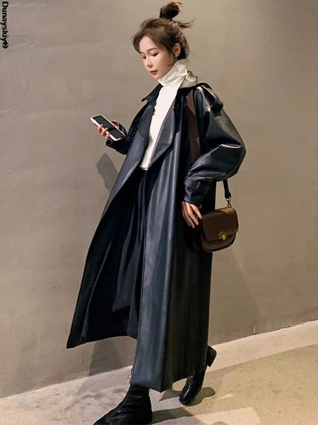

women's leather & faux autumn black oversized long waterproof trench coat for women 2021 sleeve loose korean fashion clothing