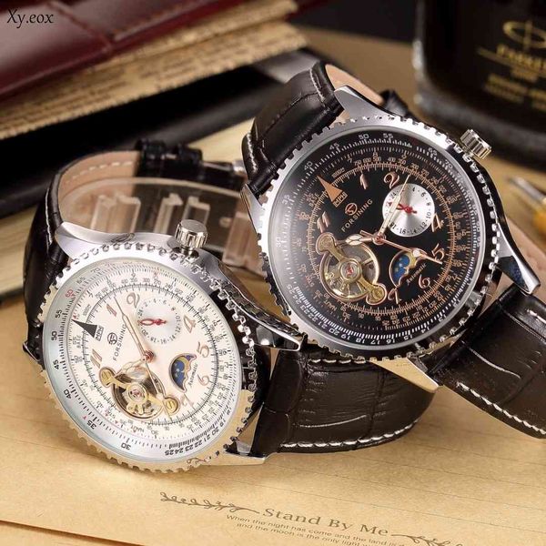 

men self-winding zon moon acceleration automatic mechanical leather strap polshorlog, Slivery;brown
