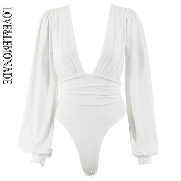 

love&lemonade deep v-neck lantern long sleeve waist waist bodysuit lm99041, Black;white