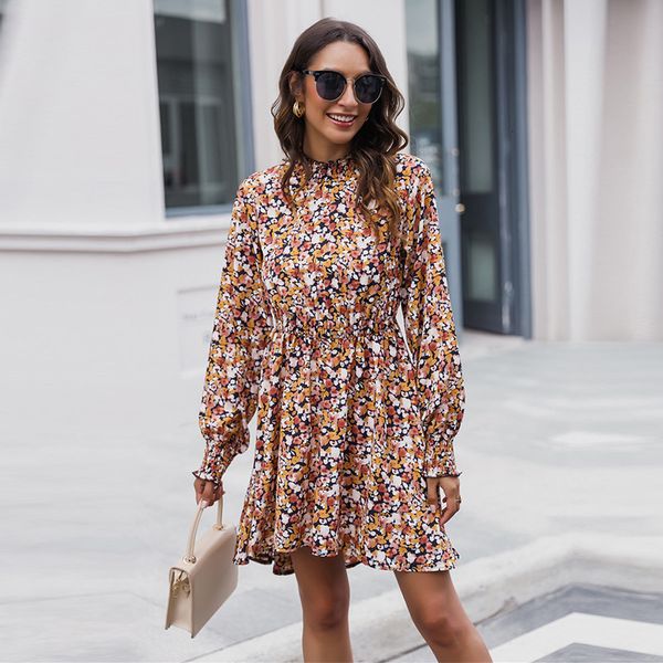 

2021 autumn winter full sleeve print casual ruffles o neck floral above knee for women new fashion 7ld7, Black;gray