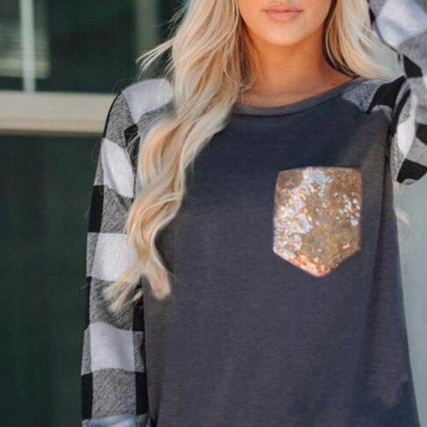 

fashion sequins striped blouse casual winter ladies splicing o neck basic female women long sleeve shirt blusas pullover, White