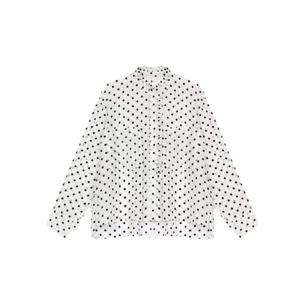 2021 Bahar Uzun Kollu Yuvarlak Boyun Beyaz Puantiyeli Baskı Cepler Düğmeler Tek Göğüslü Bluz Kadın Moda Gömlek 21G1213036