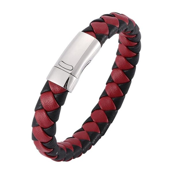 

charm bracelets fashion male jewelry stainless steel magnetic clasp bracelet men vintage black red leather braided punk cuir pd0031, Golden;silver