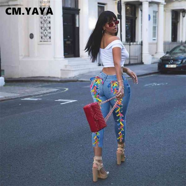 CM.YAYA Frauen Jeans Criss-Cross Lace Up Loch Mantel elastische hohe Taille lange Bleistift Denim Hosen Mode Street Hosen 210708