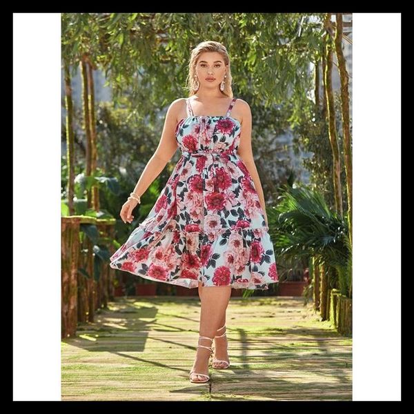 

casual dresses summer fashion lace mid-length dress sling floral print womens plus size loose large -40, Black;gray