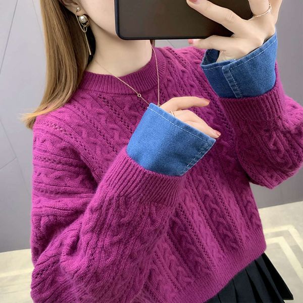 

thickened sweater women's pullover loose wear autumn and winter thick line 2021 new stitching fake two piece knitted bottoming shirt, White;black