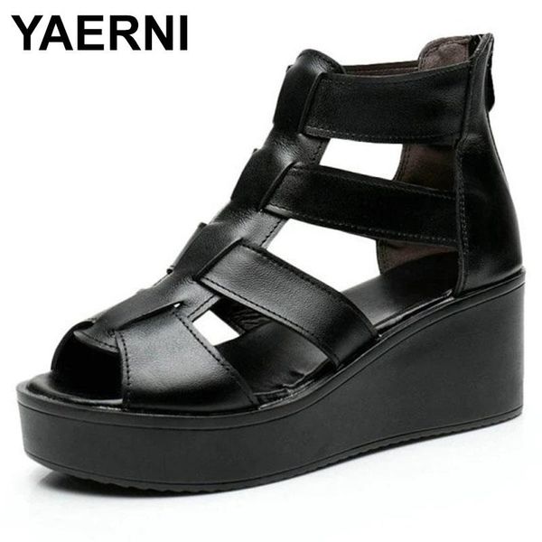 

dress shoes yaerni elegant comfortable genuine leather sandals wedge with roman female summer platform fashion, Black
