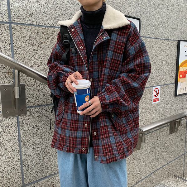 

2021 new winter plaid men's fashion retro casual men streetwear loose korean short woolen coat mens overcoat 1lp0, Black