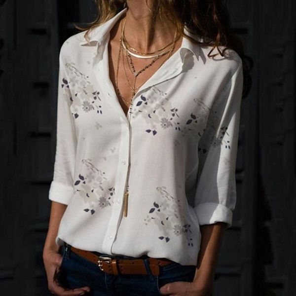 

women's t-shirt elegant turndown shirt office lady spring autumn print long sleeve streetwear large size loose v-neck lapel fashion, White