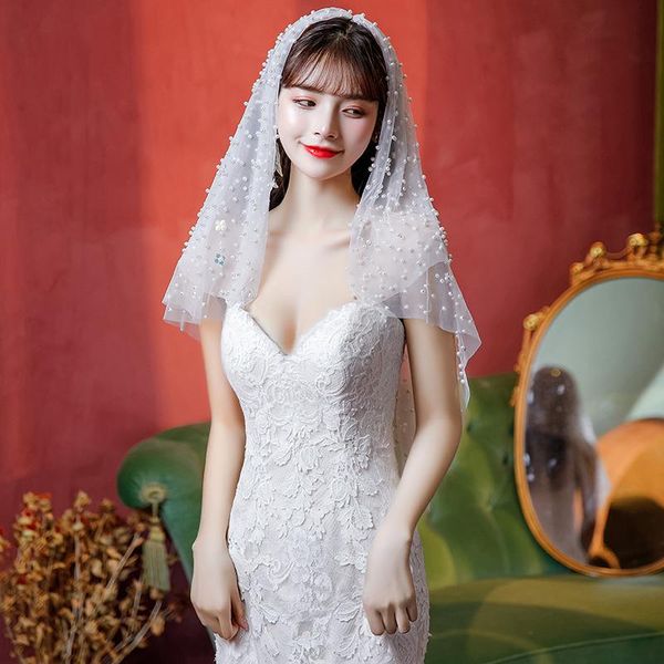 

bridal veils two layers pearls short with combo cover face wedding, Black