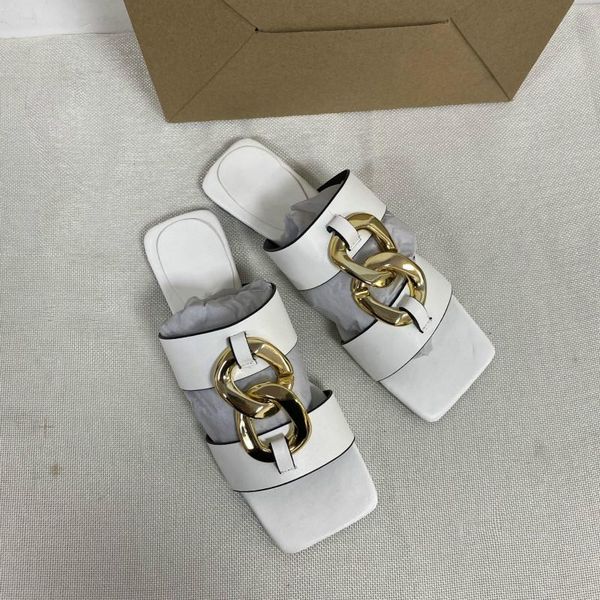 

summer shoes woman fashion square toe women slippers outdoor flat with fashion ladies slides with metal buckle female flip flops, Black
