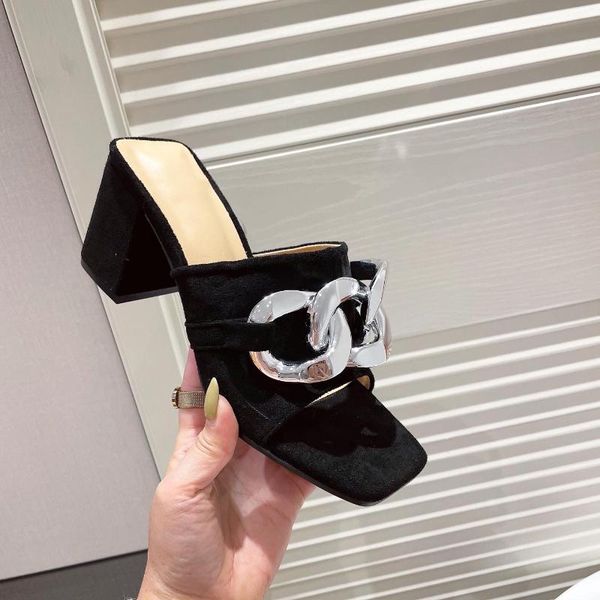 

2021 women shoes high heel sandals slippers with chain open toe female outdoor casual slippers flip flops women dress shoes, Black