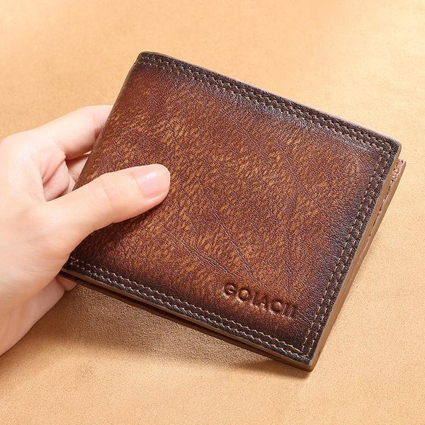 

wallets rfid anti-theft first-layer cowhide men's short wallet retro leather horizontal cross-card card holder, Red;black