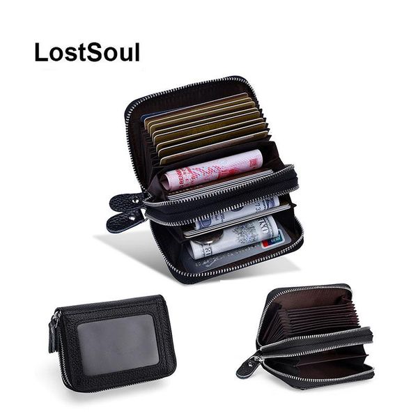 

card holders lostsoul holder leather genuine wallet id double zipper organ rifid antimagnetic cardholder, Brown;gray