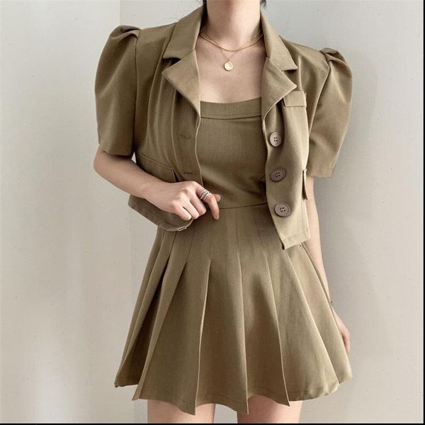

2021 new vintage solid ol stylish short blazers pleated all match streetwear mini slip dresses suits 2 piece sets, Gray