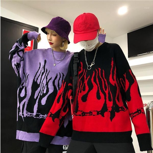 

couple sweater harajuku hip hop flame fire sweaters knit 2021autumn winter man women outfits loose pullover fashion unisex, White;black
