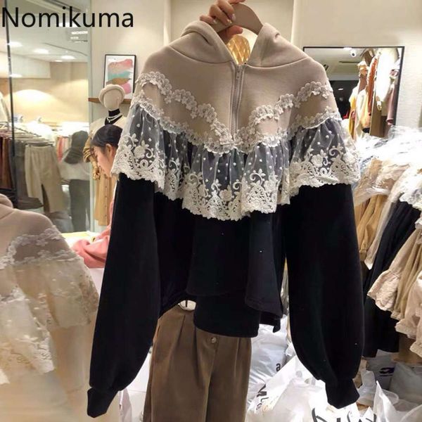 

nomikuma korean contrast color plus velet hooded sweatshirt lace ruffle patchwork zipper long sleeve pullover hoodie 2020 6c005, Black