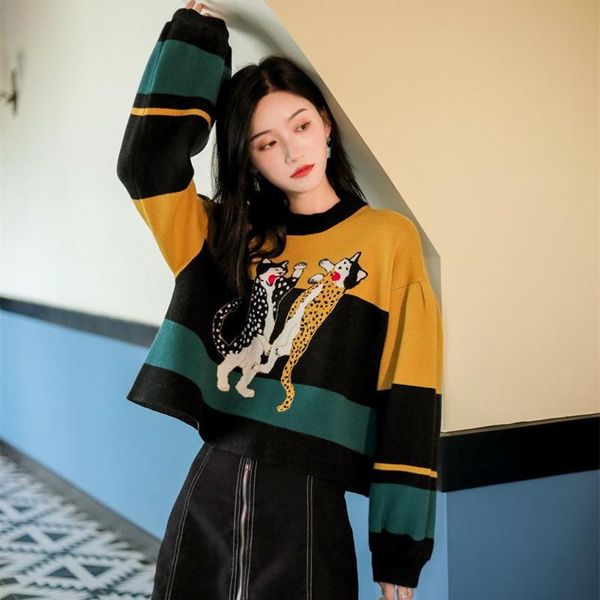 

2021 new fashion autumn winter casual sweater women animal round collar long sleeve warm thick short knitted ladies y600, White;black