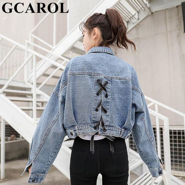 

women's jackets gcarol women cris-cross lace up design denim jacket single breasted drop shoulder short oversized cropped 4 season, Black;brown