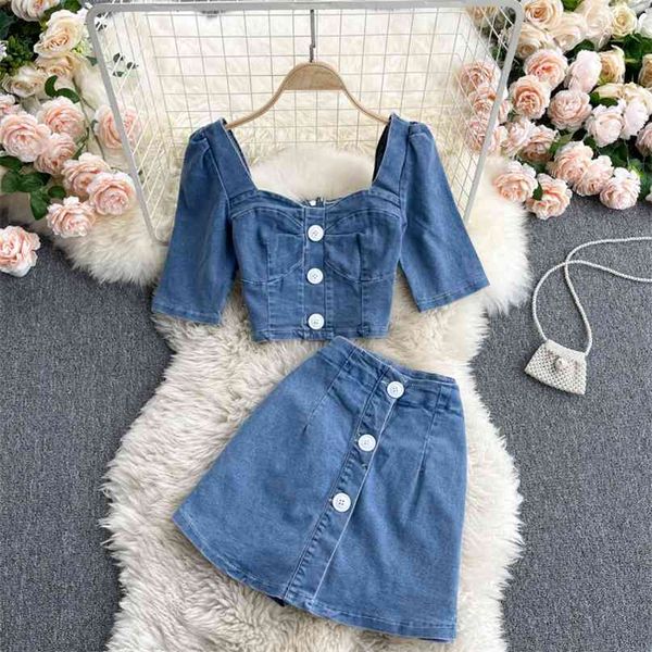 

women fashion square neck short sleeve crop + high waist single breasted a-line s skirt two piece sets r706 210527, White