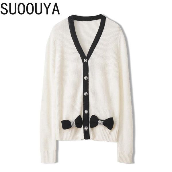 

suoouya] women cardigan patchwork bow diamond knitted sweater fairy knitting fashion knit coat white autumn spring 2021