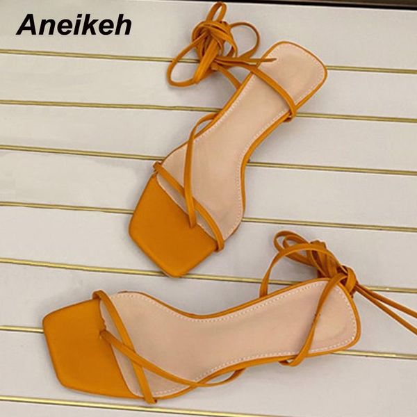 

sandals aneikeh 2021 women shoes fashion stiletto heels squared toe gladiator lace-up ankle strap narrow band party orange, Black