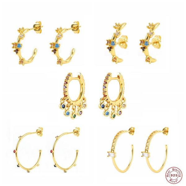 

hoop & huggie plata de ley 925 pendientes bohemia colorful bling zircon c shaped earring for women sterling silver earrings jewerly, Golden;silver