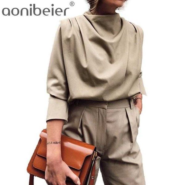 

spring elegant women's blouses draped ruched khaki long sleeve office lady shirt fashion female blouse 210604, White