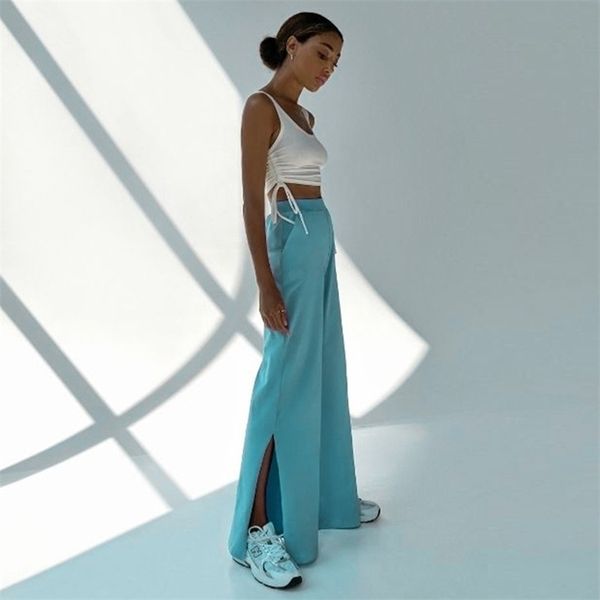 

blue wide leg pants with split women casual cotton high wasit elastic loose sweatpants jogging vintage pockets trousers autumn 211115, Black;white