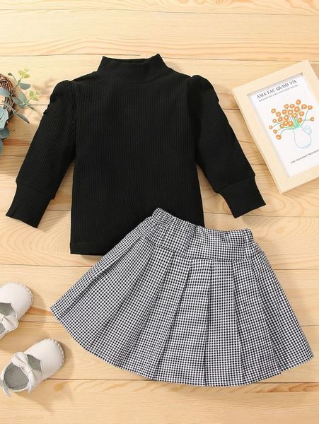 

baby mock neck puff sleeve tee & gingham pleated skirt she, White